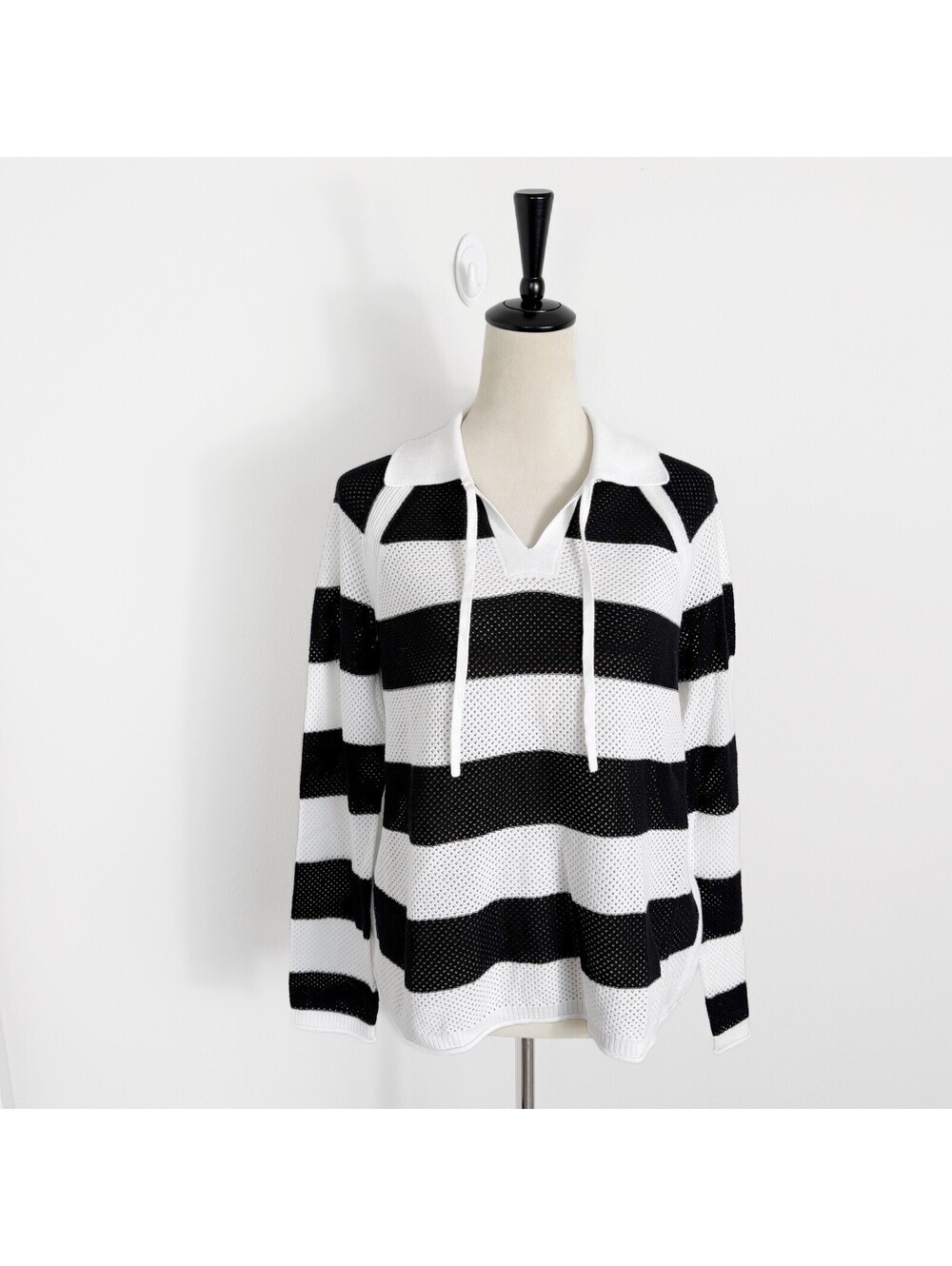 NWT Talbots Coolmax Johnny Collar Sweater Black White Stripe Knit Womens Medium